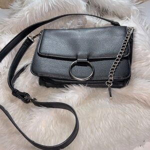 Carlos Black Pebble Leather Shoulder Purse Handbag w Silver O Ring & Key Fob